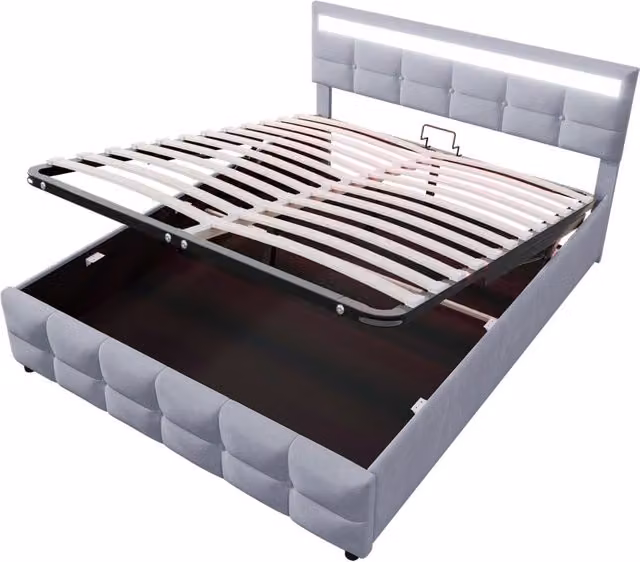 Letto matrimoniale 180x200 grigio in velluto con LED e contenitore idraulico， senza materasso
