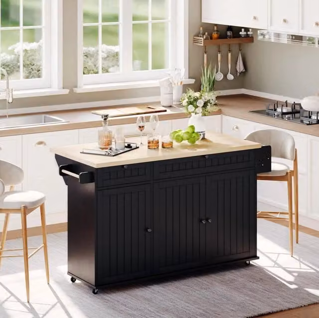 Isola cucina con piano ribaltabile 137 cm; mobile su ruote con cassetti; ripiani; MDF nero naturale