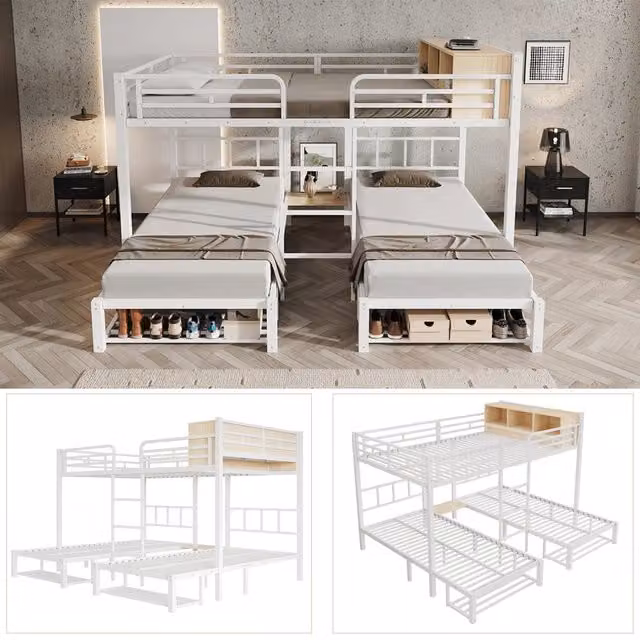 Letto a castello con tre posti letto; piano superiore 140x200 cm e 2 inferiori 90x200 cm; metallo bianco con scaffale e scarpiera