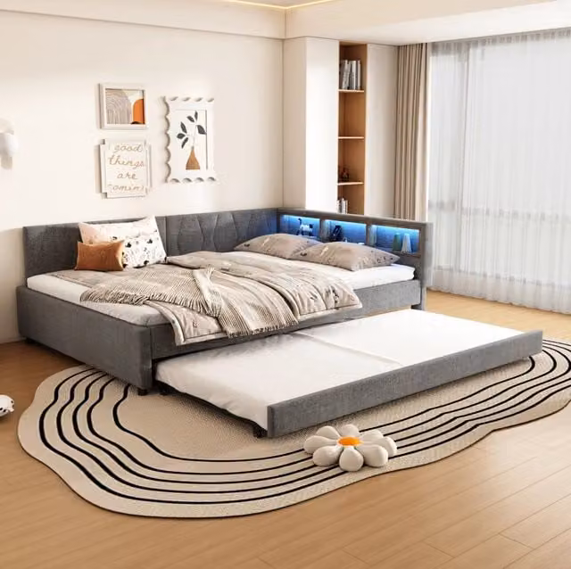 Letto 140x200 cm estraibile con LED; vano portaoggetti e USB in lino grigio