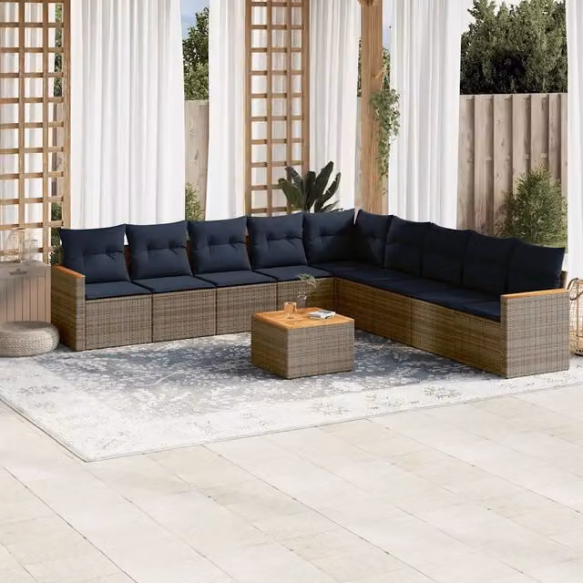 Set Divani da Giardino 10 pz con Cuscini Grigio in Polyrattan 3226068