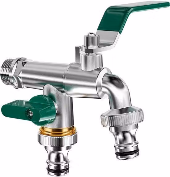 Unyqoos® Rubinetto da giardino in ottone, modello a doppio bocchettone – resistente al gelo, con due valvole a sfera, attacco per tubo e superficie zincata, ideale per giardini e idropulitrici