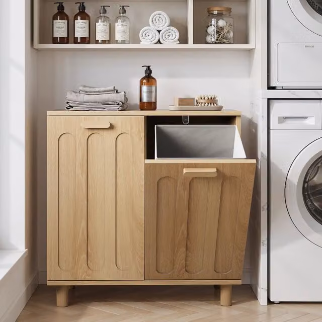 Cesto per biancheria ribaltabile con cesto estraibile e vano nascosto, mobile portaoggetti da bagno autoportante, colore quercia