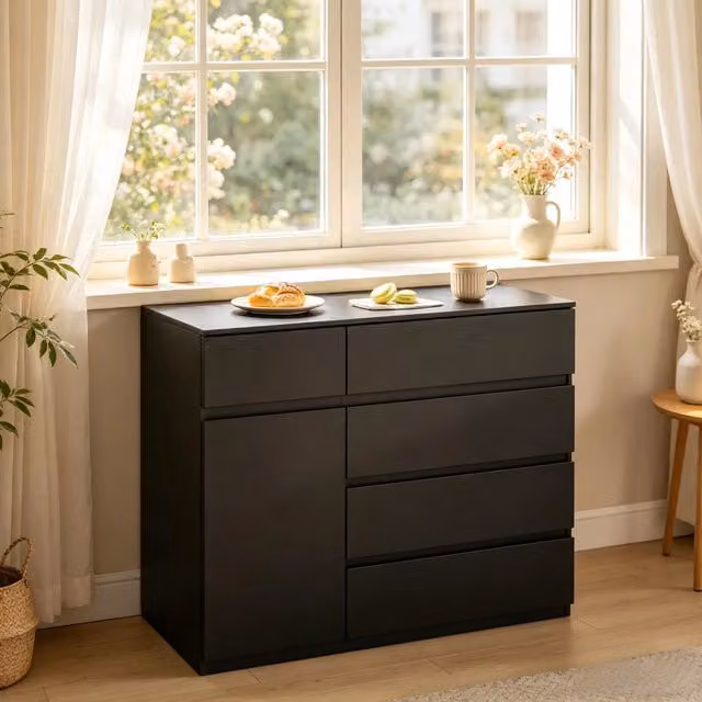 Credenza 100x40x80 cm con 5 cassetti e ripiano regolabile in truciolare nero