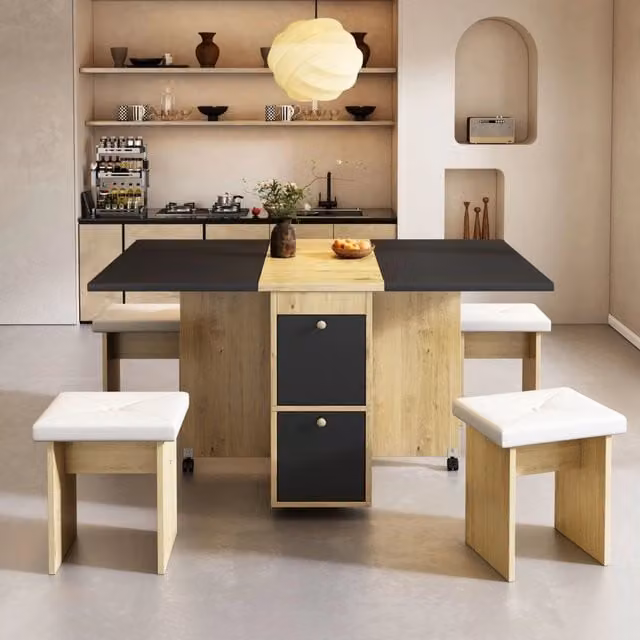 Set tavolo e 4 sedie FOLYNA moderno con piano estensibile e pieghevole in bianco e nero