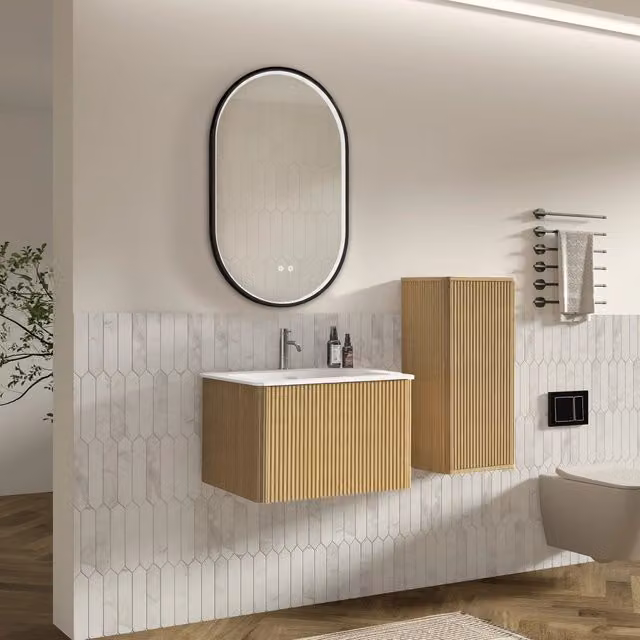 Mobile da bagno sospeso da 60 cm in marrone rossiccio con lavabo in ceramica e due ante
