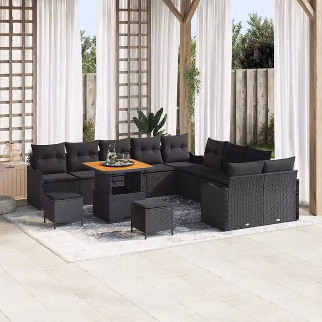 Set Divano da Giardino Moderno vidaXL a Forma a U in Polyrattan Nero con 13 Pezzi e Cuscini Inclusi – 1