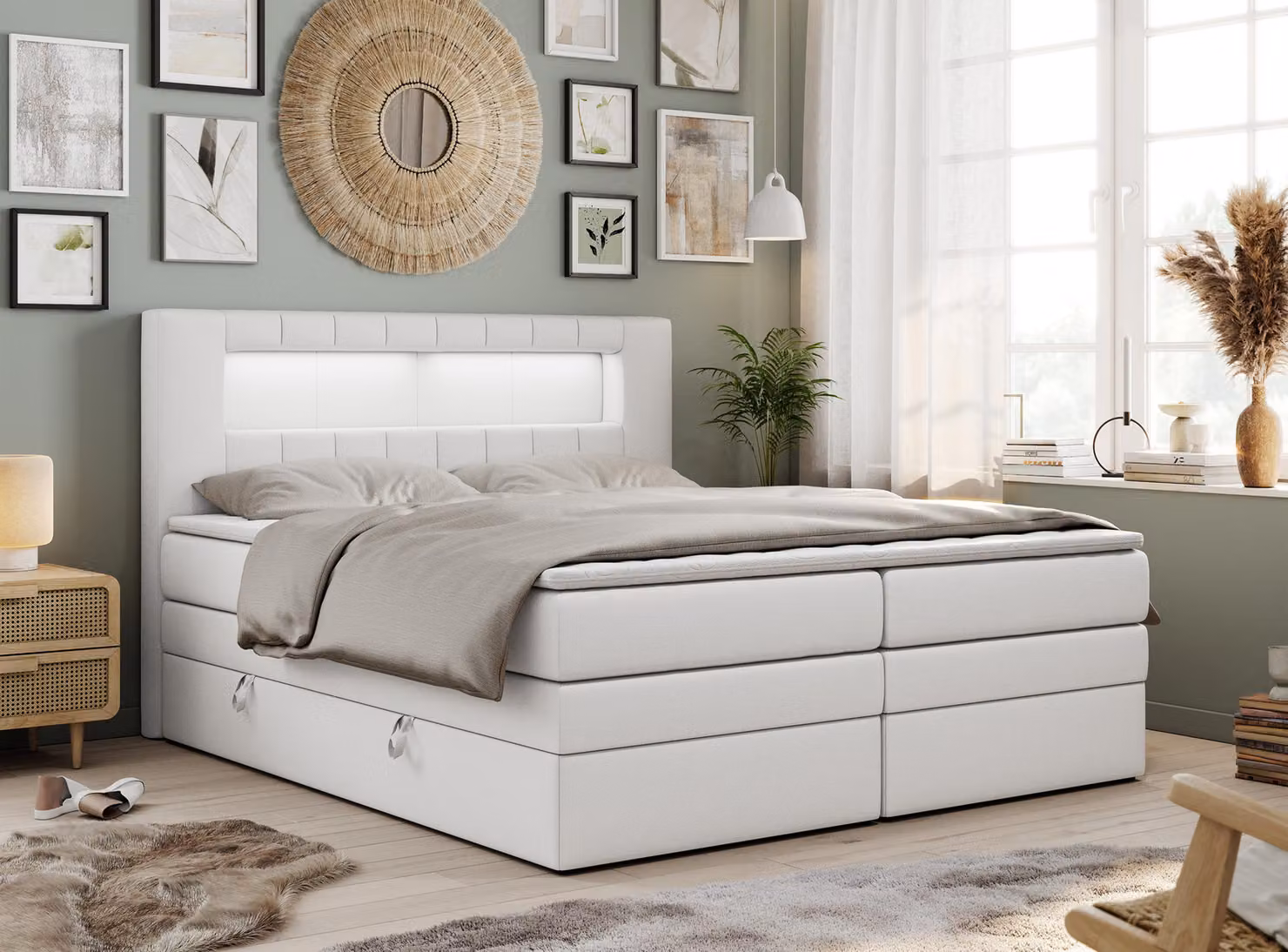 Letto boxspring con testiera LED e topper - GOLD-5-KING - 160x200 cm - Bianco - Rigido (H4)