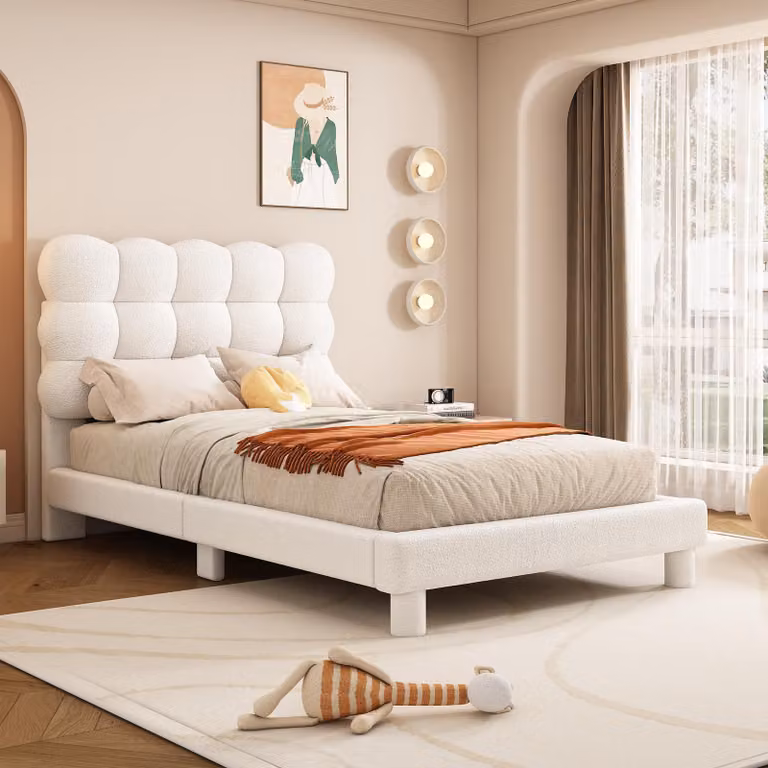 Letto imbottito Merax 90x200cm, letto imbottito con testiera regolabile in 3 posizioni, letto per bambini in peluche, letto singolo per ragazzi, bianco