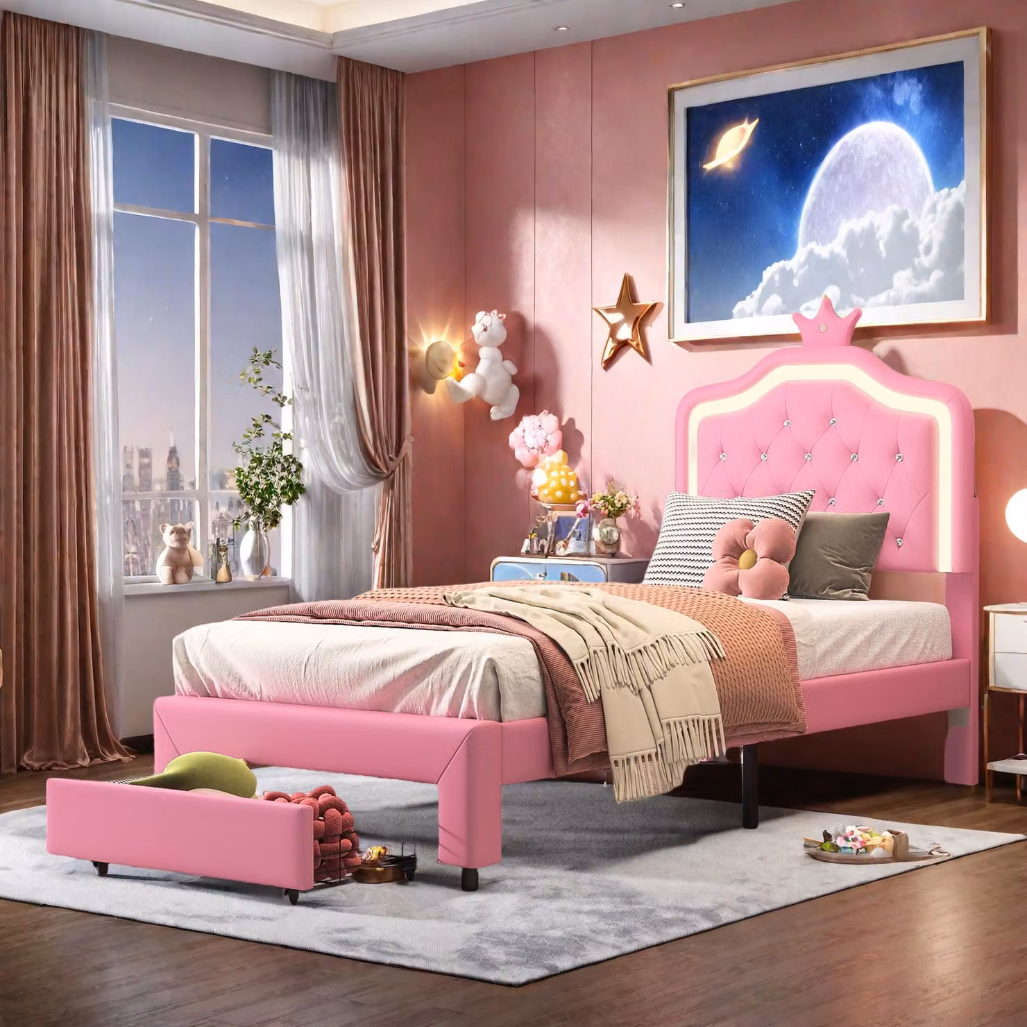 Letto imbottito ProximaX 90x200 cm in Finto cuoio di colore rosa con illuminazione LED e cassetto ai piedi - letto singolo moderno per camera da letto e cameretta