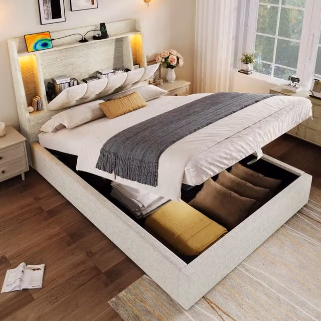 Letto singolo OKWISH con contenitore a sollevamento, porta USB, illuminazione LED sottostante e mensola laterale, rivestimento in tessuto beige, L/P/H: 90 x 200 x 105 cm