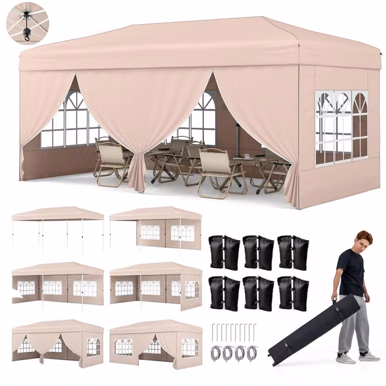 Gazebo COSTWAY 3x6 m, gazebo pieghevole pop-up con struttura in metallo, 6 pareti laterali, 6 sacchi di sabbia, tiranti antivento, picchetti e borsa da trasporto con rotelle