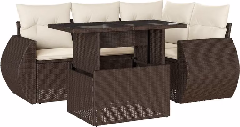 Set Divano da Giardino 5 pz con Cuscini Marrone in Polyrattan