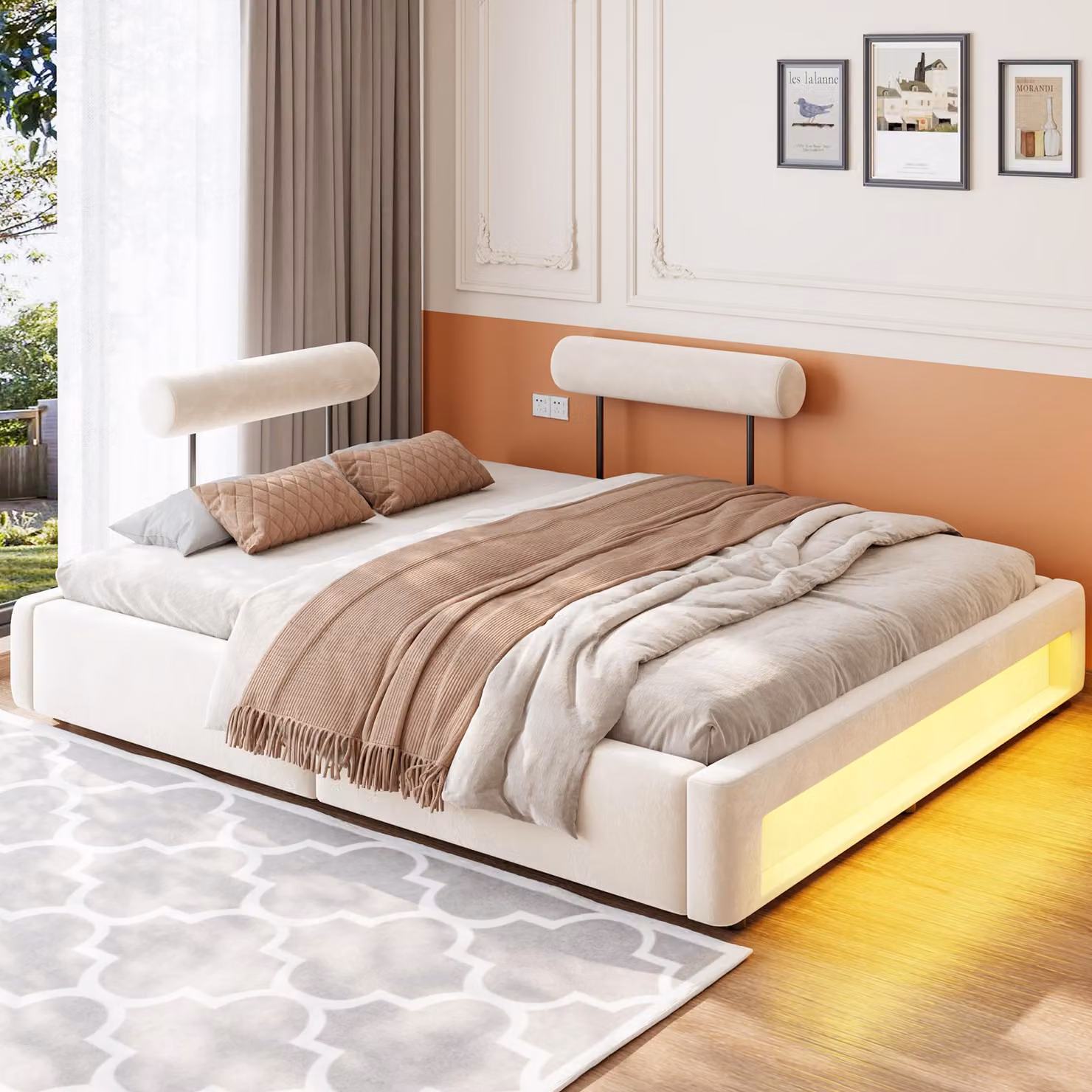 Letto imbottito 160 x 200 cm con schienale regolabile in 4 posizioni, illuminazione LED, 12 listelli, rivestimento in velluto, struttura letto a piattaforma color beige