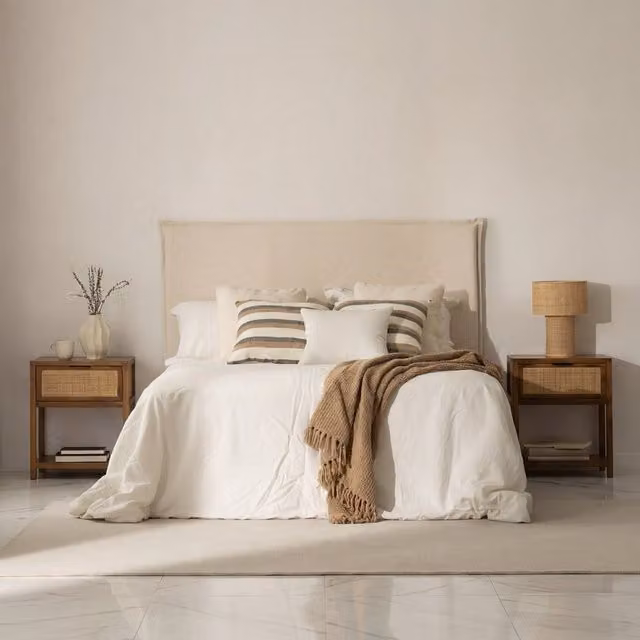 Testiera imbottita Banak per letto da 160 cm in tessuto beige con schienale in schiuma