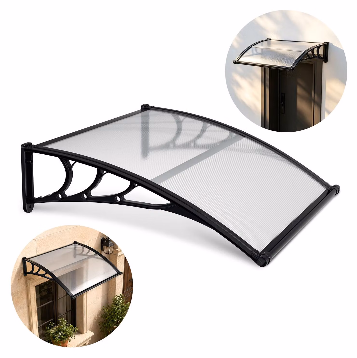 Tettoia per porta d'ingresso Ikodm con grondaia, 120 x 100 cm, realizzata in policarbonato, colore nero/trasparente, adatta per porte e finestre