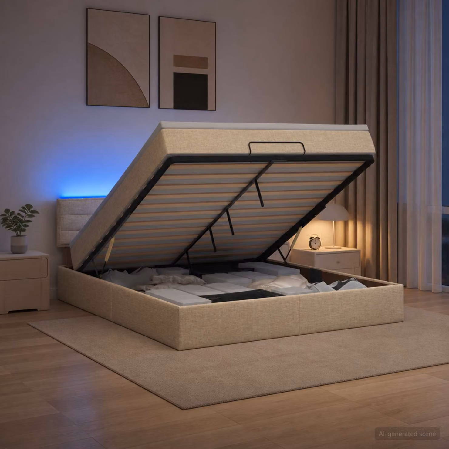 Letto Ottomano con Materasso e Illuminazione LED vidaXL, Colore Beige e Bianco, L/P: 140 x 190 cm