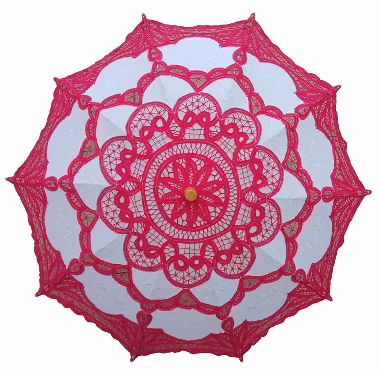Ombrello elegante, realizzato a mano, ideale per matrimoni, per la sposa. Colore: fucsia e bianco. Dimensioni: 76,2 cm