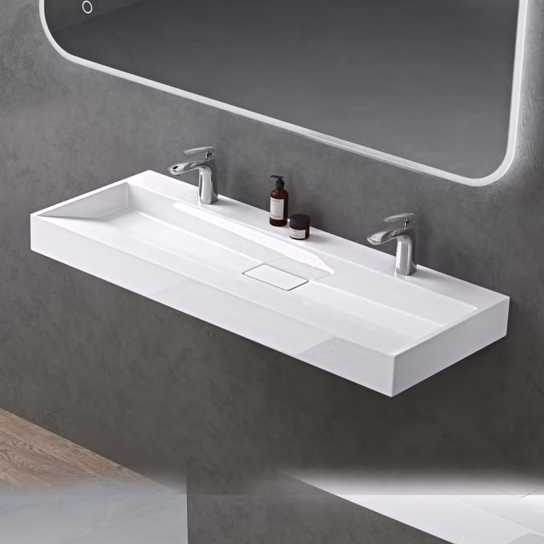 doporro Lavabo da Appoggio Bagno Sospeso Lavandino Rettangolare in Marmoresina con Piletta di Scarico Inclusa Colossum19, 120x46x11 cm Bianco Lucido 2 Fori per Rubinetto