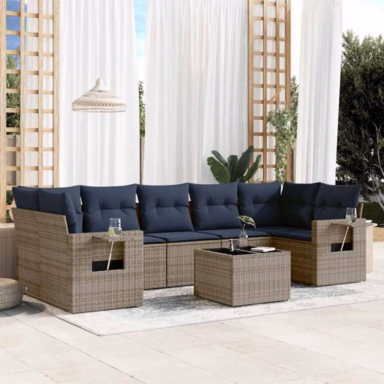Set di divani da giardino vidaXL in polyrattan grigio con cuscini e tavolino da esterno a forma di L per 8 persone