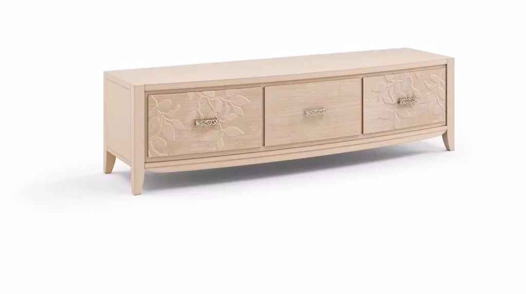Parete attrezzata Mobili 2G in legno massello con decoro foglia e dettagli in vetro, colore bianco e beige – 3