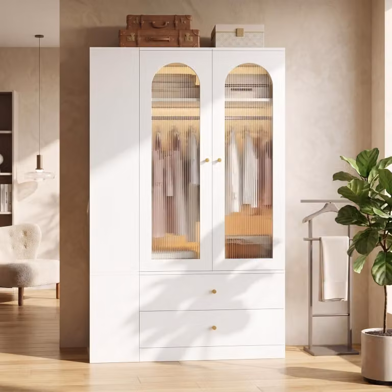 Armadio con ante, mobile alto con cassetti e appendiabiti, armadio con grucce e spazio contenitivo, dimensioni 120x50x200 cm, colore bianco, materiali: MDF, acciaio e vetro