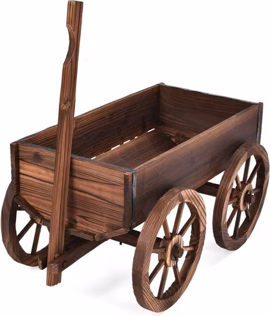 Fioriera a forma di carro Design Mania in legno di abete marrone con ruote e foro di drenaggio – 1