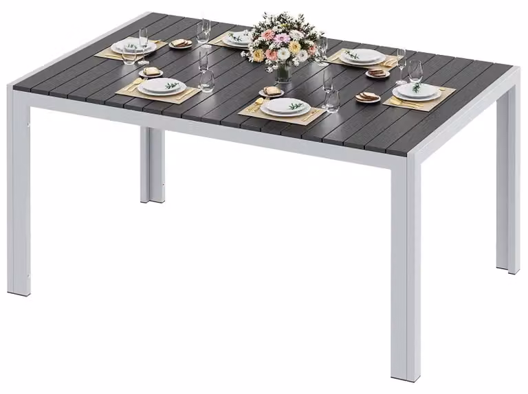 Tavolo da giardino in alluminio - Tavolo da esterno per mangiare, con piano in WPC - 140 x 90 x 75 cm - Per 8 persone - Resistente agli agenti atmosferici - Rettangolare - Gambe grigie, piano nero