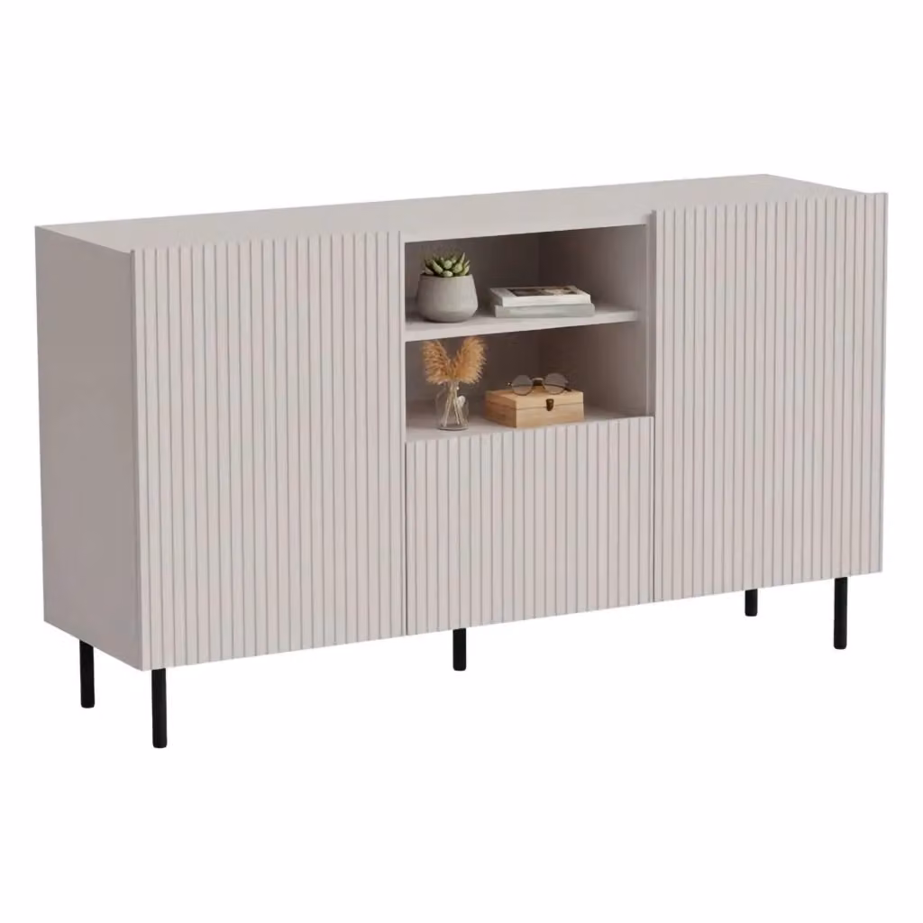 Credenza Malo DMORA, Madia da salotto con effetto cannettato, due ante battenti, un cassetto e due vani aperti, Beige, L: 150 cm, P: 42 cm, H: 82 cm – 2