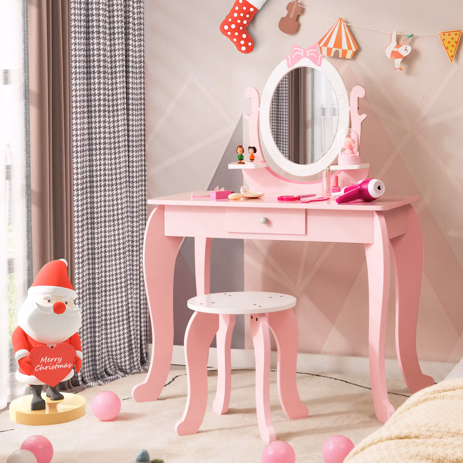 Tavolino per bambini HY10089PI, 2in1, con sgabello, per bambini di 3-7 anni, rosa + bianco