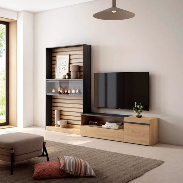 Mobile TV da soggiorno SKRAUT HOME con camino elettrico per TV fino a 65 pollici, colore Rovere e nero, L: 260 cm, P: 35 cm, H: 186 cm – 1