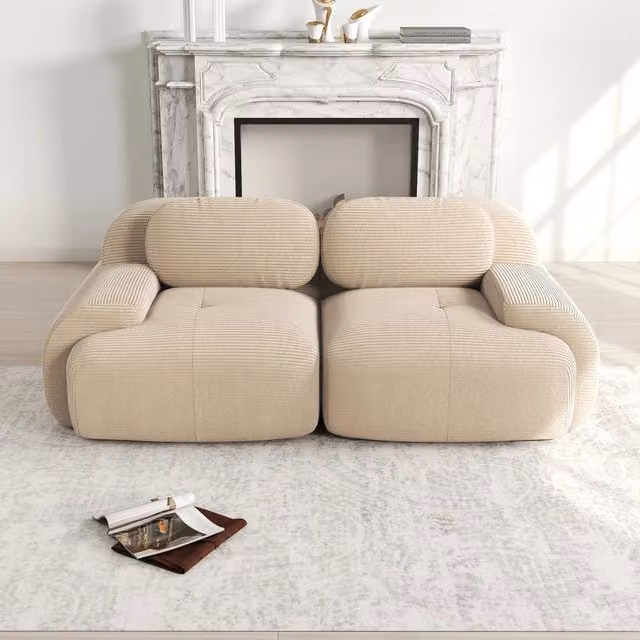 Divano 2 Posti in Tessuto a Coste Modulare ¨C MINIMAL ¨C Beige, Braccioli Curvi, Morbido