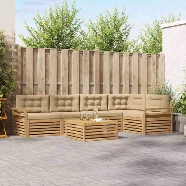 Set di divani da esterno a L vidaXL in legno di acacia con tavolo da caffè, colore bianco e beige