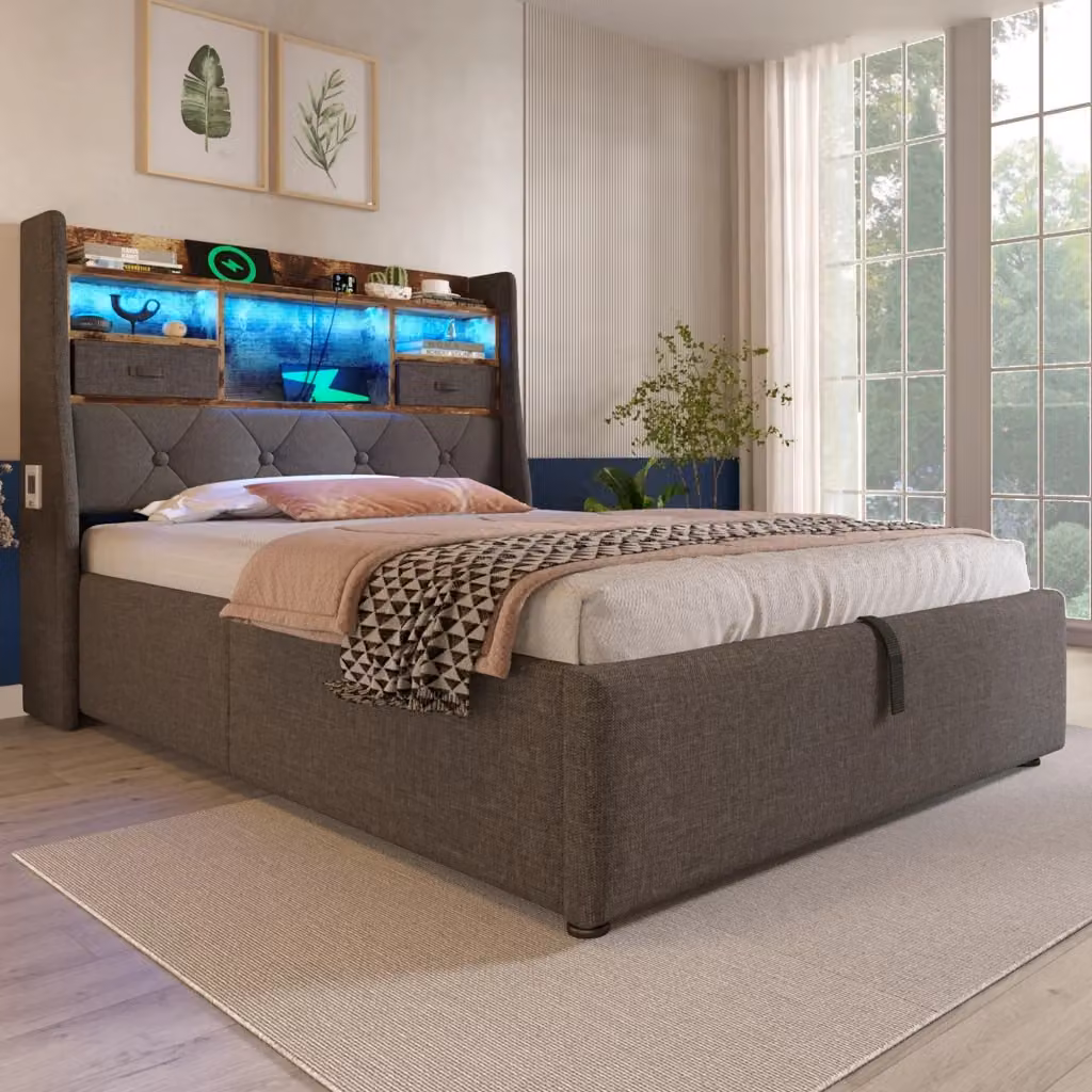 Letto Singolo Imbottito Minimal con Contenitore Idraulico, Testiera LED, Porta USB e Luce Sotto il Letto, Grigio, L/P: 90 x 200 cm – 2