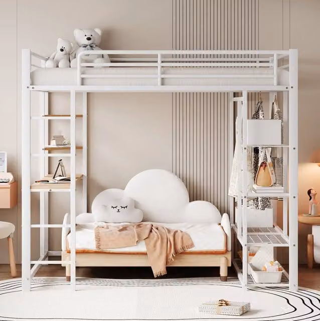 Letto a soppalco 140x200 cm in metallo con scrivania; appendiabiti e ripiani bianco