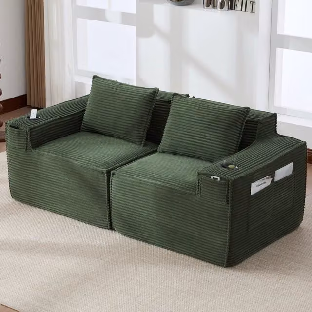 Divano modulare 188.0x90.0x75.0 cm con portabicchieri e tasche laterali in velluto a coste verde