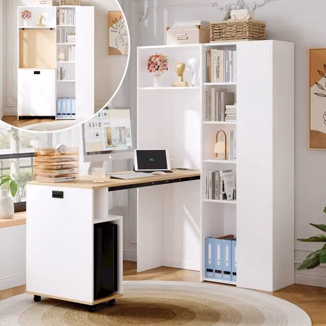 Scrivania Pieghevole con Libreria 2 in 1 in MDF Rovere Bianco; Presa Europea e USB per Lavoro da Casa