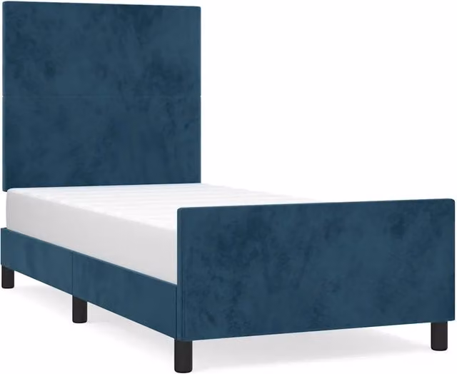 Letto singolo per adulti in velluto blu con struttura in legno di larice e doghe in legno L 90 cm x P 190 cm