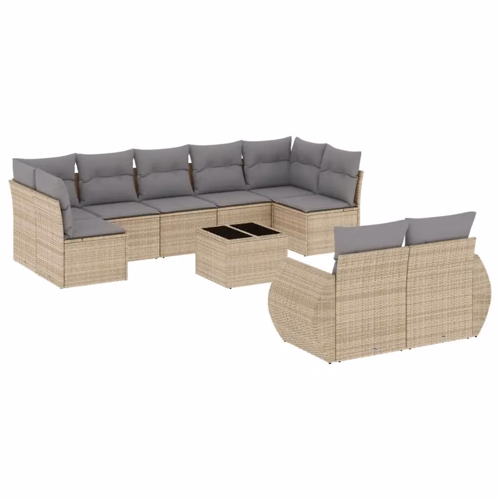 vidaXL Set Divano da Giardino 10 pz a Forma a L con Cuscini Beige in Polyrattan e Tavolino da Esterno – 2