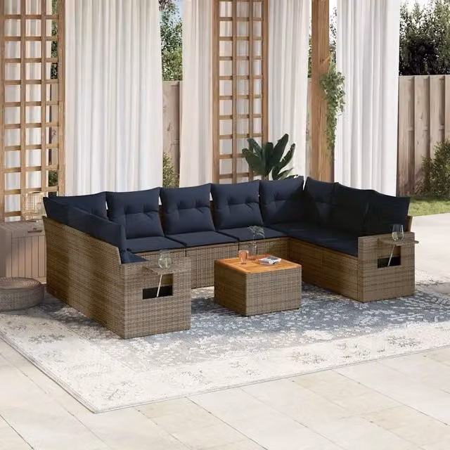 Set di Divani da Giardino a L vidaXL in Polyrattan con Cuscini Blu e Grigio e Tavolino da Esterno