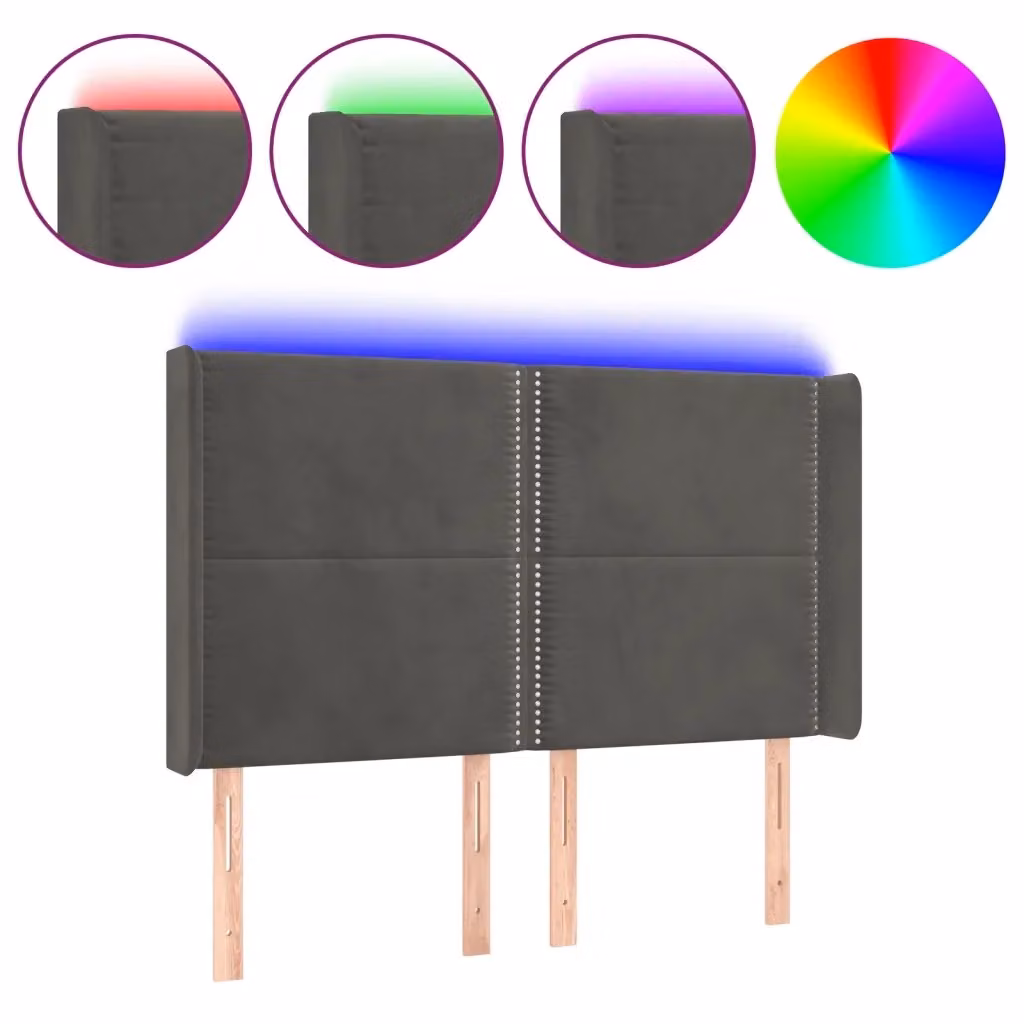 Testiera con LED Design Mania in Velluto Grigio Scuro con Porte USB, L: 147 cm, P: 16 cm, H: 118-128 cm – 2