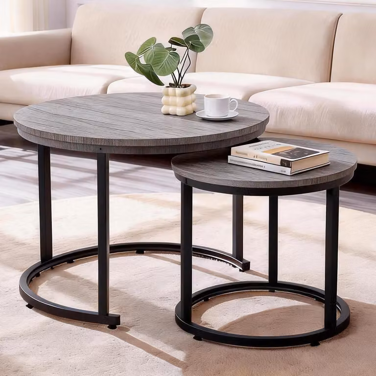 Set di due tavolini rotondi per il soggiorno, struttura in metallo, aspetto legno, colore grigio