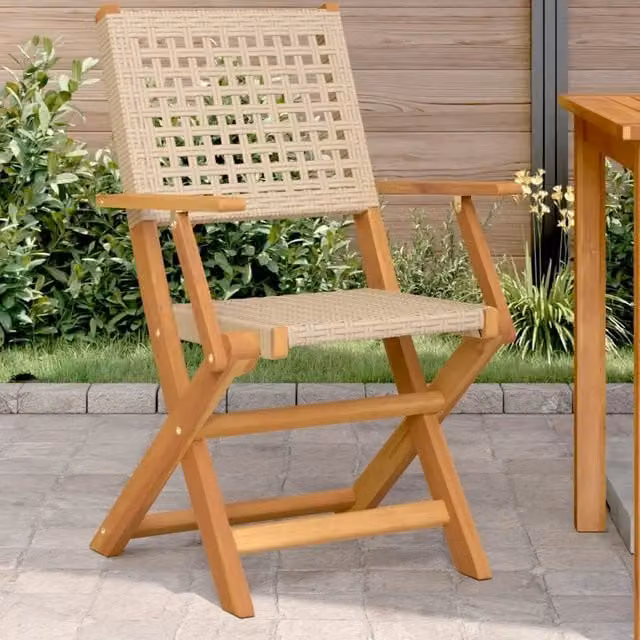 Set di 2 sedie pieghevoli vidaXL in legno di acacia oliato e polyrattan beige con braccioli per giardino e terrazzo