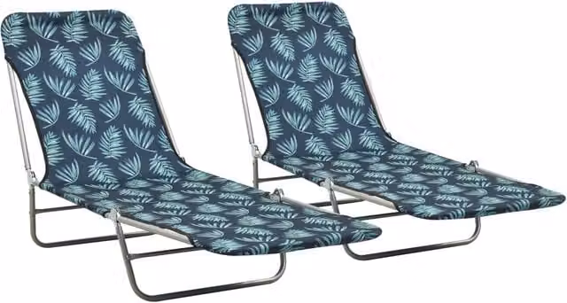 Set di 2 lettini prendisole pieghevoli Outsunny con motivo floreale in blu e nero, struttura in acciaio verniciato a polvere e poggiatesta regolabile