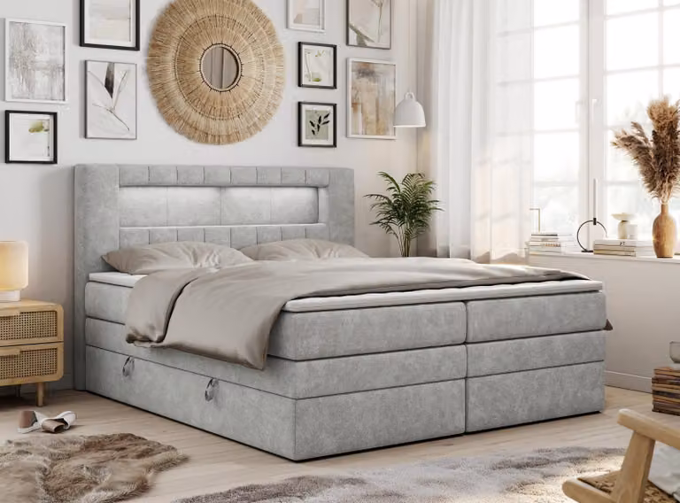 Letto boxspring con testiera LED e topper - GOLD-5-KING - 160x200 cm - Grigio chiaro - Media rigidità (H3)