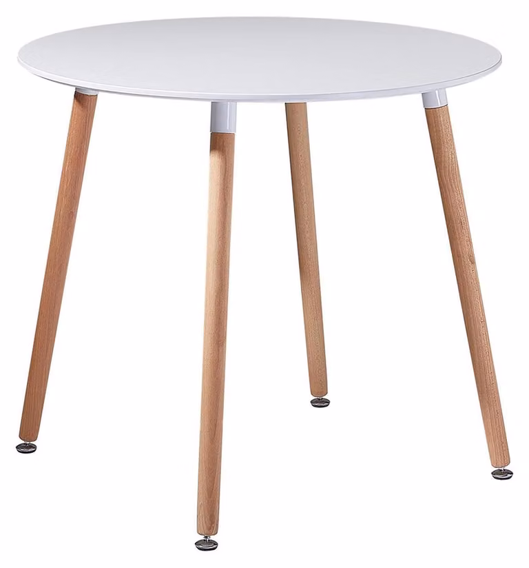 Tavolo da pranzo rotondo in MDF, diametro 80 cm, altezza 72 cm, bianco, con 4 gambe in legno di faggio