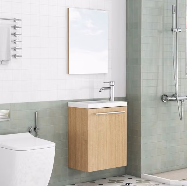 Mobile sottolavabo sospeso 40x25x48 cm in MDF rovere con lavabo in ceramica –