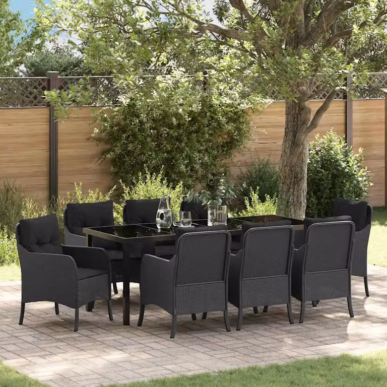 Set da pranzo per giardino e terrazzo vidaXL in polyrattan nero con tavolo rettangolare in vetro e 9 pezzi