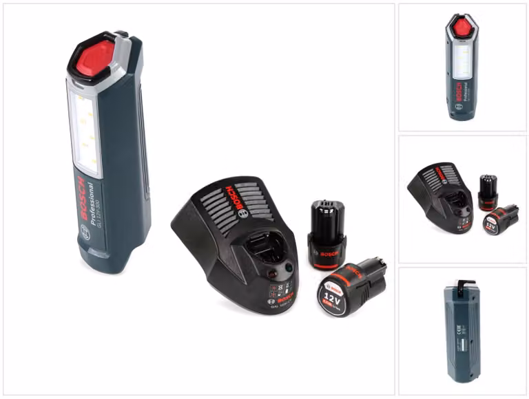 Bosch Professional GLI 12V-300 Lampada a batteria + 2x Batterie GBA 12 V 2,0 Ah + Caricabatterie GAL 1230