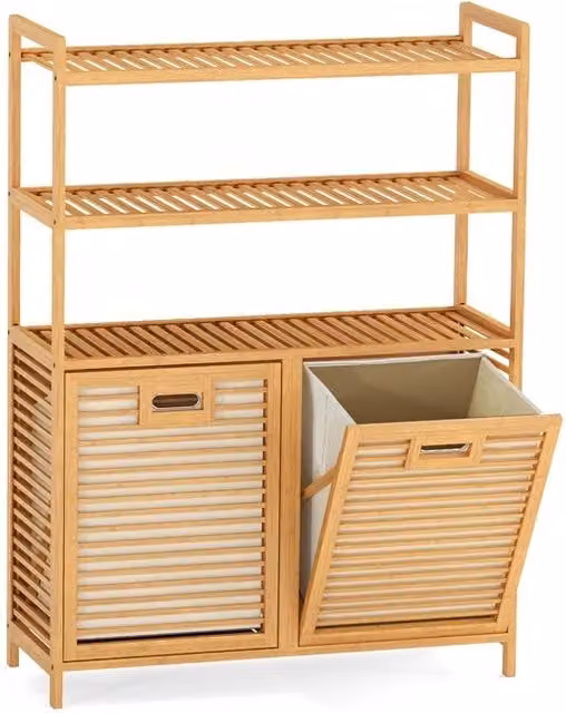 Cesto portabiancheria in bambù marrone con sportello ribaltabile, 3 ripiani aperti e 2 sacchetti in tessuto rimovibili, L/P/H: 80 x 30 x 110 cm